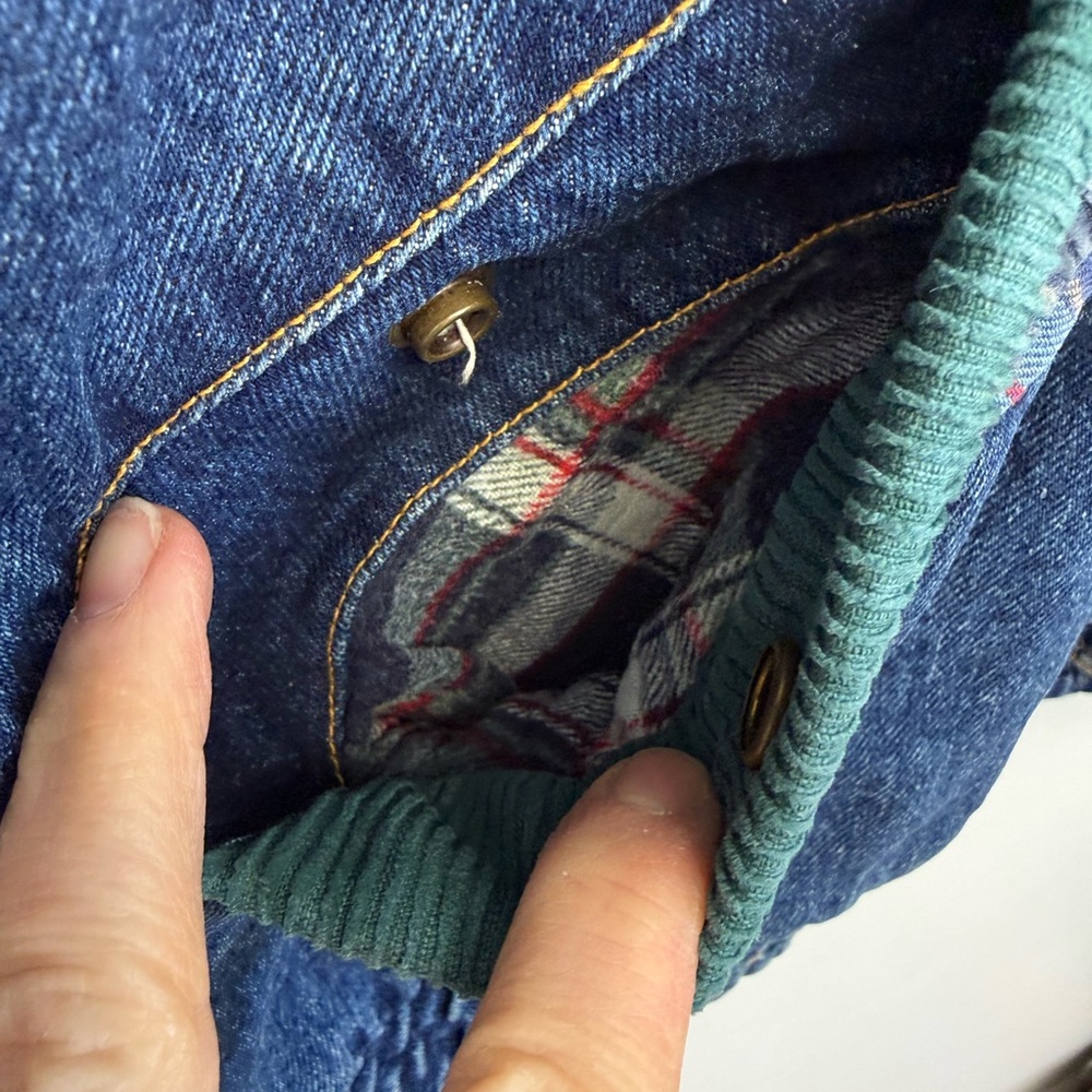 Weathered Blues Vintage Denim Bomber Jacket Mixed Media Flannel Lined Women’s S - Picture 10 of 15